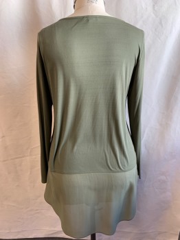 EILEEN FISHER, Olive Green, Silk, Solid, Long Sleeves, Sheer Hem, Round Neck