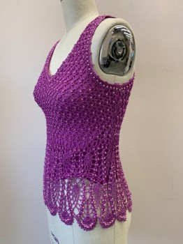 NO LABEL, Magenta Purple, Pink, Cotton, Polyester, Sleeveless, V Neck, Crochet Detail With Beads, Made To Order,