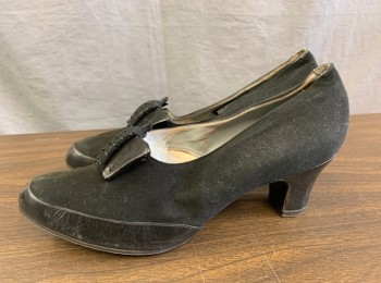 Womens, Shoes, LA CHIMERE, Black, Suede, Leather, Solid, Narrow, 8, Pump, Leather Accents at Toe, 2" Heel, and 3 Dimensional Structured Bow at Front