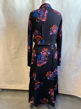 WHISTLES, Black, Tomato Red, Dk Blue, Purple, White, Viscose, Floral, Button Front, Collar Attached, Long Sleeves, Button Cuff, Calf Length, Self Belt