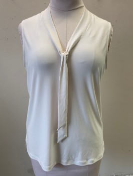 ANNE KLEIN, Off White, Polyester, Elastane, Solid, Stretchy, Sleeveless, V-neck with Self Tie Bow, Pullover
