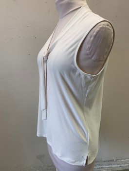 ANNE KLEIN, Off White, Polyester, Elastane, Solid, Stretchy, Sleeveless, V-neck with Self Tie Bow, Pullover