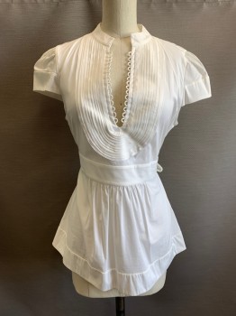 BCBG, White, Cotton, Nylon, Mandarin Collar, V-Plunge, Loop Along Plunge, S/S, Pleated Bib, Waistband, Pleated Waist, Belted  Back, *Small Stains At End Of Plunge