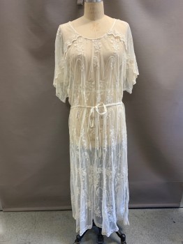 JOHNNY WAS, Cream, Nylon, Floral, Round Neck, Tie At Waist, Floral Lace, Sheer