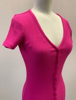 RAYON, Cotton, Rayon, Solid, Rib Knit, Short Sleeves, V-neck, Tiny Button Closures Down Center Front, Hem Mini, Fitted