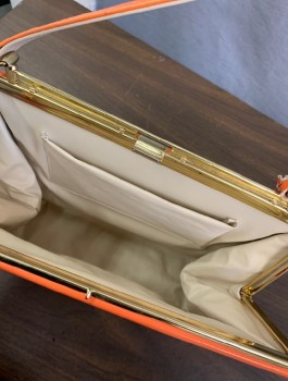 Womens, Purse, N/L, Orange, Leather, Solid, 7"W, 10"L, Rectangular Handbag, Gold Clasp, 1/2" Wide Self Strap, Cream Leather Lining, in Good Condition, Though Leather on Strap is a Bit Cracked