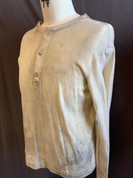 Mens, Historical Fiction Shirt, N/L, Cream, Wool, Solid, C42, Henley, Jersey Knit, Very Aged/Dirty, L/S, 3 Button Placket, Round Neck