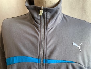 PUMA, Medium Gray, Polyester, Solid, Blue Streak Across Chest, Zip Front, Stand Collar, 2 Pockets, Long Sleeves, Ribbed Knit Waistband/Cuff, Vented Back Yoke