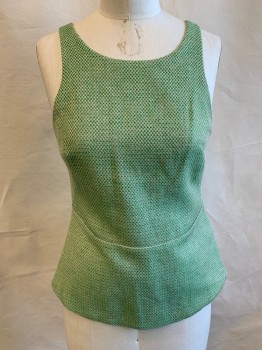 BANANA REPUBLIC, Green, Beige, Wool, 2 Color Weave, Tweed, Scoop Neckline, Sleeveless, Zip Side, V-Back, Peplum