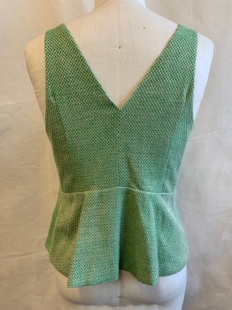 BANANA REPUBLIC, Green, Beige, Wool, 2 Color Weave, Tweed, Scoop Neckline, Sleeveless, Zip Side, V-Back, Peplum