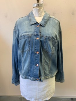 LANE BRYANT, Denim Blue, Cotton, Spandex, C.A., Single Breasted, Button Front, 2 Breast Pockets
