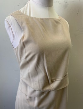LK BENNETT, Beige, Viscose, Wool, Solid, Bateau/Boat Neck, Sculptural Horizontal Pleat Around Waist, Fitted, Hem Above Knee, Invisible Zipper in Back, High End