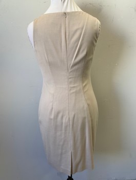 LK BENNETT, Beige, Viscose, Wool, Solid, Bateau/Boat Neck, Sculptural Horizontal Pleat Around Waist, Fitted, Hem Above Knee, Invisible Zipper in Back, High End
