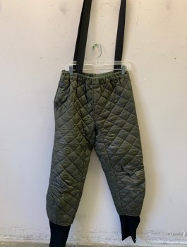 N/L, Olive Green, Black, Polyester, Solid, Quilted Stitching, Elastic Waist, Black Jersey at Ankles, Black 1.5" Wide Elastic Suspenders, Insulated for Cold Weather