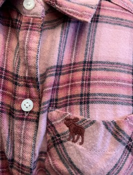Childrens, Blouse, ABERCROMBIE, Pink, Gray, Mauve Pink, Viscose, Polyester, Plaid, Girls, 15/16, Flannel, Long Sleeves, Button Front, Collar Attached, 1 Patch Pocket