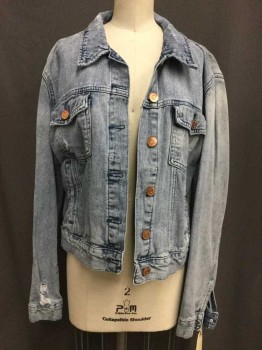 FOREVER 21, Blue, Cotton, Button Front, Collar Attached, 2 Pockets, Distressed