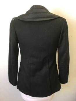 Womens, Jacket 1890s-1910s, MTO, Black, Wool, B38, 2 Sets of 2 Buttons Close Center Front, 2 Pockets with Buttons, Wide Collar with Flat Woven Ribbon with Braid Between the Ribbons,