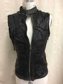 Mens, Vest, JUNKER DESIGNS, Black, Brown, Leather, Metallic/Metal, 38, Black Panelled Leather, Zip Front, Brown Leather Compartments At Side, Self Horizontal Straps In Back W/Silver Metal O Rings And Lobster Claw Closures, Rusted Metal Grommets
