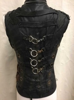 Mens, Vest, JUNKER DESIGNS, Black, Brown, Leather, Metallic/Metal, 38, Black Panelled Leather, Zip Front, Brown Leather Compartments At Side, Self Horizontal Straps In Back W/Silver Metal O Rings And Lobster Claw Closures, Rusted Metal Grommets