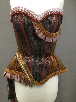 Womens, Historical Fiction Corset, MTO, Maroon Red, Goldenrod Yellow, Burnt Orange, Pink, Black, Silk, Feathers, 25+W, 34+B, Black Lace, Duchess Silk Satin, Silk And Velvet Ruffles, Raw Edges, Asymmetrical, Right Side Has Lace Ribbons And Feathers Hanging Down, Lace Up Center Back, Double