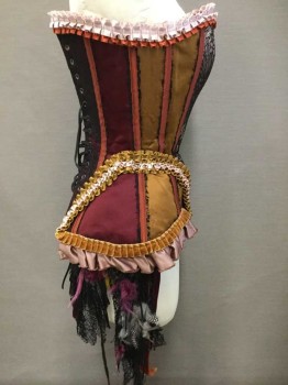 MTO, Maroon Red, Goldenrod Yellow, Burnt Orange, Pink, Black, Silk, Feathers, Black Lace, Duchess Silk Satin, Silk And Velvet Ruffles, Raw Edges, Asymmetrical, Right Side Has Lace Ribbons And Feathers Hanging Down, Lace Up Center Back, Double
