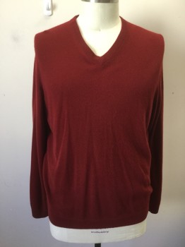 JOHN W. NORDSTROM, Dk Red, Cashmere, Solid, V-N, L/S, Ribbed Knit Collar/Cuff/Waistband