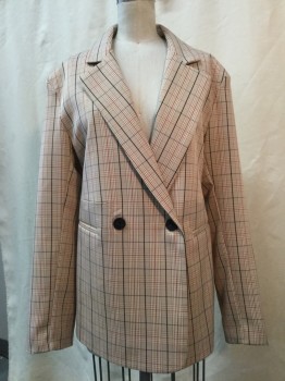 OAK & FORT, Beige, Brown, Black, Rust Orange, White, Synthetic, Plaid, Beige/ Brown/ Black/ Rust/ White Plaid, Dbl Breasted, 2 Buttons,  Notched Lapel, 2 Faux Pockets