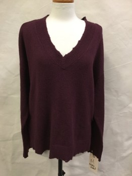 MELROSE AND MARKET, Red Burgundy, Cotton, Polyester, Solid, V-neck, Long Sleeves, Boxy, Slit Sides, Thick Rib Knit Trim with Mysterious Holes, Aged/Distressed?