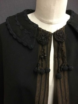 Womens, Cape 1890s-1910s, N/L, Black, Brown, Polyester, Cotton, Solid, OS, Clasp Neck Closure, Brown Ribbon Trim, Ric Rac Detail On Collar, Woven Appliques At Neck with Bead Tassels, Back Center Slit