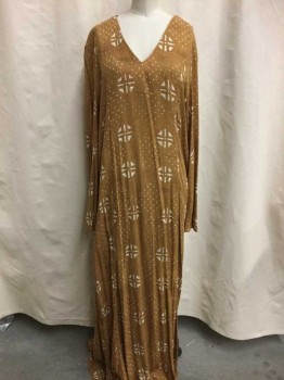TYSA, Lt Brown, Brown, White, Synthetic, Novelty Pattern, Heather Light Brown & Brown with White Novelty Print, V-neck, Long Sleeves, Side Slits
