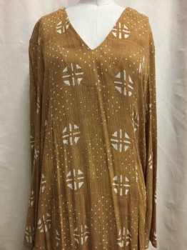 TYSA, Lt Brown, Brown, White, Synthetic, Novelty Pattern, Heather Light Brown & Brown with White Novelty Print, V-neck, Long Sleeves, Side Slits