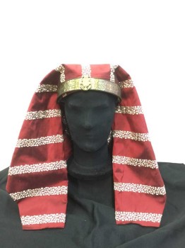 Unisex, Historical Fiction Headpiece, MTO, Cranberry Red, White, Brass Metallic, Silk, Stripes, O/S, Egyptian Nemes, Cranberry Silk with White Abstract Stripe Embroidery, Brass Embossed and Engraved Headband with Beetle Pendant, Brown Leather Back Head Tie, Front Lappets