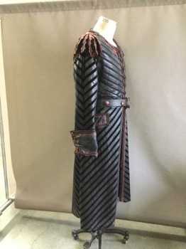 Black, Red, Leather, Polyester, Stripes, Fantasy Gothic Frock Coat. Black Leather Strips and Black Mesh Upper, Black Velvet & Black Leather Strips As Skirt, All Trimmed with Blackened Red Cracked Leather. Red Metalic Metal Findings On Coat and Matching Belt, Open Armholes, Ornate Cuffs, Snake Buckle On Belt