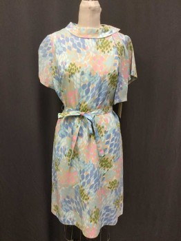 JULE WYN, Baby Blue, Powder Blue, Pink, Taupe, Green, Abstract , Leaves/Vines , Round Collar with Scarf Tie Through, Zip Back, Short Sleeve,  Hem Below Knee, with *Belt