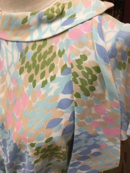 JULE WYN, Baby Blue, Powder Blue, Pink, Taupe, Green, Abstract , Leaves/Vines , Round Collar with Scarf Tie Through, Zip Back, Short Sleeve,  Hem Below Knee, with *Belt