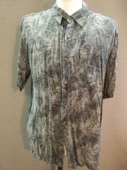 BATIK BAY, Gray, Graphite Gray, Rayon, Hawaiian Print, Button Front, Collar Attached, 1 Pocket,