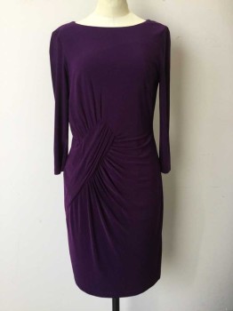 ADRIANNA PAPELL, Aubergine Purple, Polyester, Spandex, Solid, Boat Neck, Crossover Gathered at CF Waist with Gathered Diagonal Section, CB Zipper