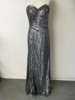 FABULUXE, Black, Silver, Sequins, Synthetic, Novelty Pattern, Black Mesh Over Solid Silver, Silver Swirl Sequins, Sweetheart Strapless, Pleated From Side Waist Horizontally, Side Zip, Floor Length Hem