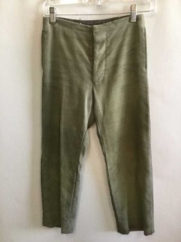 Childrens, Pants 1890s-1910s, N/L, Olive Green, Cotton, Solid, Ins 21, W25, Cotton Moleskin, Aged. Black Buttons at Fly. Suspender Buttons Inside Waist. Adjustable Back Waist, 2 Pockets at Side Seam. Narrow Pant Leg
