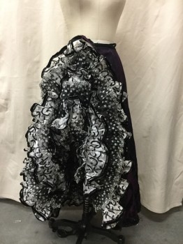 MTO, Aubergine Purple, Black, Silk, Beaded, Floral, Geometric, Ankle Length, Hook & Eye and Snaps Back, Full with Can Can Ruffles in Mixed Black and White Patterns, Sequin Floral Applique at Hem