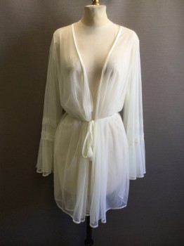 Womens, Nightgown, N/L, Cream, Nylon, Solid, S/M, Double Layer Sheer Netting, Open Front, Long Sleeves, with Ruffle Cuff Detailed with Lace, Self Belt Attached, Gathered Back Waist (2 Peignoirs Tacked Together at Sleeve Seam)