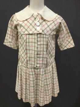 Childrens, Dress 1890s-1910s, N/L, Cream, Lt Pink, Beige, Cotton, Plaid-  Windowpane, W:24", Ch:24", Solid Cream Round Collar with Light Pink Edging, S/S, Dropped Waist, Button Front, Hidden Button Placket Except for Top 3 Buttons, Pleated Below Waist, Horizontal Pleat Across Chest, **Has Small Stains/Mends Throughout