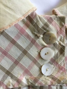 Childrens, Dress 1890s-1910s, N/L, Cream, Lt Pink, Beige, Cotton, Plaid-  Windowpane, W:24", Ch:24", Solid Cream Round Collar with Light Pink Edging, S/S, Dropped Waist, Button Front, Hidden Button Placket Except for Top 3 Buttons, Pleated Below Waist, Horizontal Pleat Across Chest, **Has Small Stains/Mends Throughout
