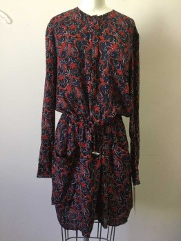 ALC, Navy Blue, Red, White, Silk, Polyester, Abstract , Sheer Navy with Red/white Abstract Print, Button Front, Drawstring Waist, 2 Pockets, Long Sleeves,