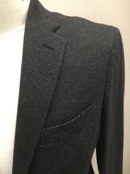 BROOKS BROTHERS, Black, Gray, Wool, Cotton, Herringbone, Single Breasted, 2 Buttons,  Notched Lapel, 3 Pockets,