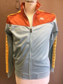 Mens, Sweatsuit Jacket, KAPPA, Baby Blue, Rust Orange, Yellow, Polyester, Color Blocking, Human Figure, L, Baby Blue Solid Bottom Half with Rust at Shoulders and Stand Collar, Yellow Flocked Stripe at Outseam of Sleeve with 2 Sitting Human Figures Back to Back As a Repeating Pattern, Zip Front, 2 Pockets, Light Blue Sitting People Logo on Chest