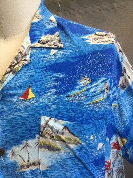 N/L, Blue, Multi-color, Rayon, Hawaiian Print, Novelty Pattern, Shades of Blue Ocean Water with Colorful Sailboats, Small Islands with Palm Trees and People Swimming Novelty Hawaiian Pattern, Short Sleeve Button Front, Collar Attached, 1 Patch Pocket