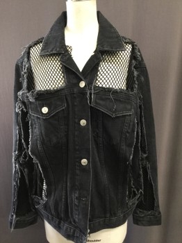 TOP SHOP MOTO, Black, Cotton, Nylon, Solid, Denim Style, Collar Attached, Button Front, Flap Pockets, Huge Square and Rectangle Holes with Netting Inset