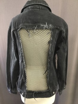 TOP SHOP MOTO, Black, Cotton, Nylon, Solid, Denim Style, Collar Attached, Button Front, Flap Pockets, Huge Square and Rectangle Holes with Netting Inset