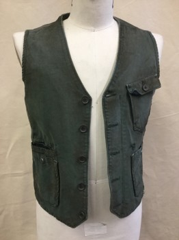 G-STAR RAW, Olive Green, Blue, Cotton, Solid, Aged/Distressed, V-neck, 5 Button Front, 3 Pockets